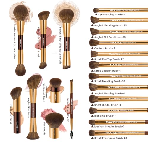 20 Pcs Makeup Brush Set - Full Collection Coffee Gold Double-Ended Kabuki & Foundation Brushes