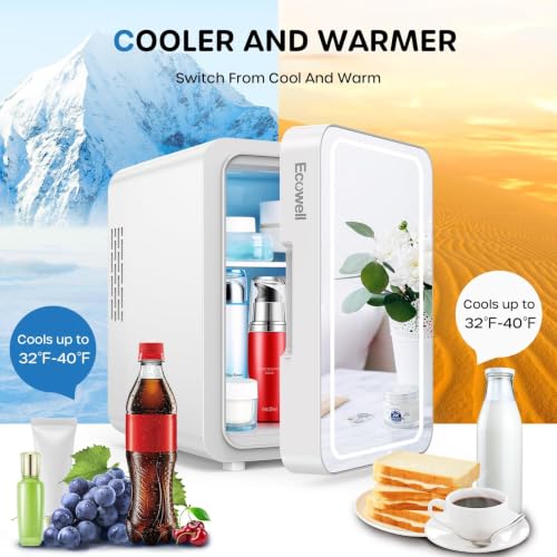 Mini Skincare Fridge with LED Mirror & Adjustable Light - Portable Cosmetic Cooler