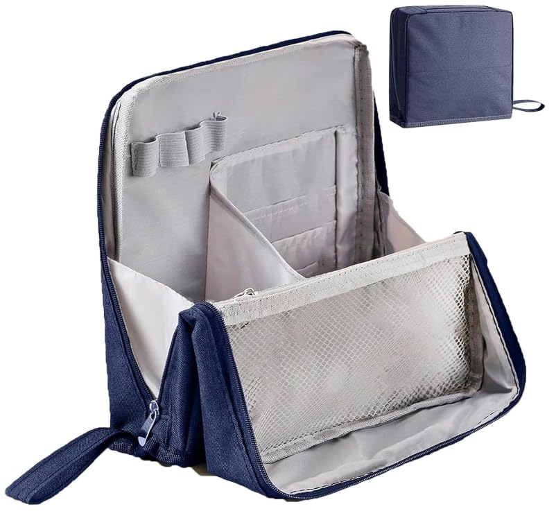 Multi-purpose Large Capacity Oxford Cloth Standing Makeup Bag, Waterproof Makeup Organizer with Compartments,Large Capacity Stationery Organizer, Portable Toiletry Bag and Stationery Storage (Navy)