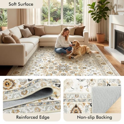 Beige 9x12 Washable Rug with Non-Slip Backing for Living Room