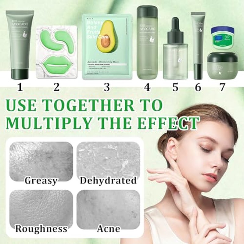 10 Pcs Avocado Skin Care Set with Facial Cleanser,Toner,Face Serum,Face Cream,Eye Cream,Moisturizing Lip Balm,Under Eye Patch and Lip Mask,Hydrating Face Sheet Masks Skin Care Facial Kit for Women