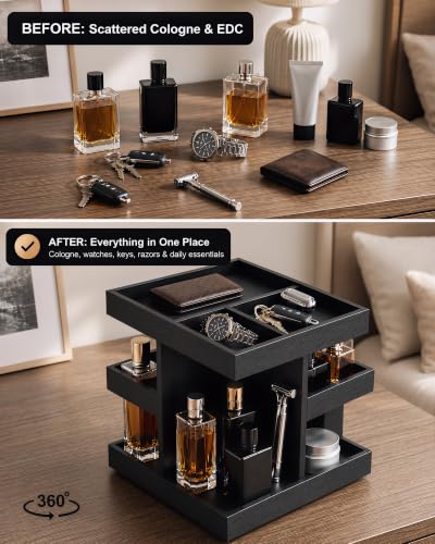 Black 3-Tier Rotating Cologne Organizer for Men, Holds 12+ Bottles