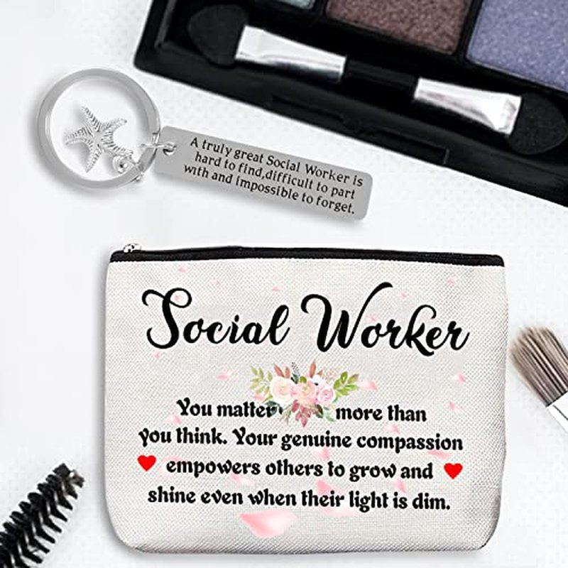 BoomBoomGifts Social Worker Gift Set, Keychain & Makeup Bag for Women, Birthday Gifts for Social Workers