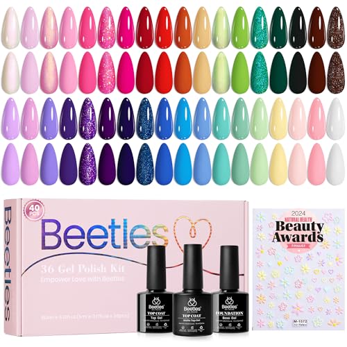beetles Spring Gel Nail Polish Set - 36 Colors Verse of Flower Gel Nail Kit Pink White Black Red Purple Blue Yellow Gel Colors & 3Pcs Base Top Coat Soak off UV Home Salon Easter Gift for Women