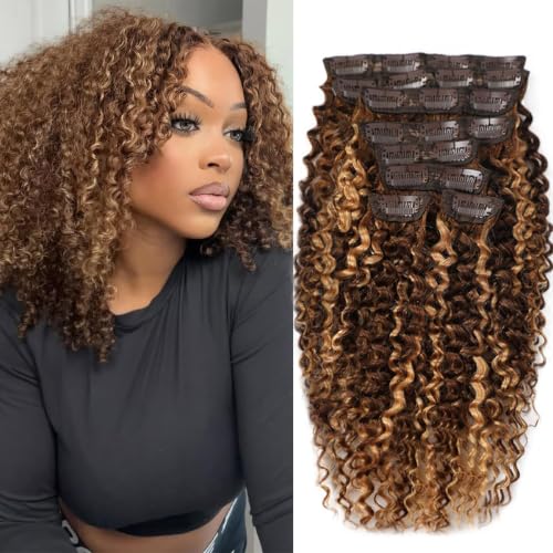 Highlight P4/27 Dark Brown to Honey Blonde Kinky Curly Clip-In Hair Extensions 14 Inch - 8Pcs, Human Hair, Brazilian Remy, Double Weft