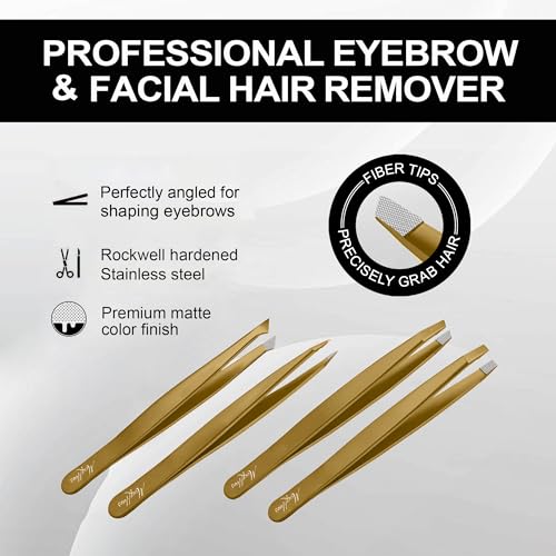 Matte Gold Eyebrow Tweezers Set - 4 Pcs with Fiber Tips for Women