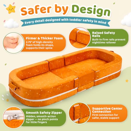 Toddler Travel Bed with Safety Rails - Foldable Foam Floor Bed for Ages 2-6