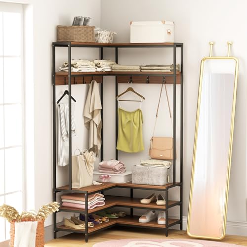 GIANTEX Walnut & Black Corner Coat Rack with Bench & Shoe Storage - L-Shaped Hall Tree