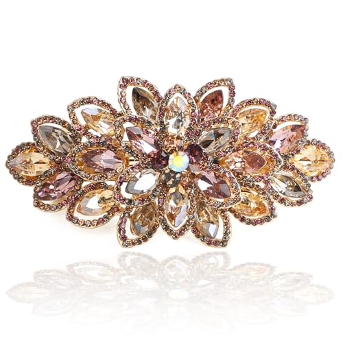 Large Gold-Plated Rhinestone Hair Barrette - Colorful Floral Style, 3.5 Inch - Variation: Colorful