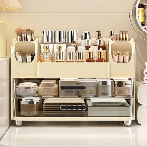 Cream Large Makeup Organizer with Drawers & Brush Slots - Vanity Storage