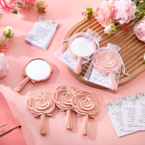 Wenqik 50 Sets Bridal Shower Favors Rose Compact Mirrors Bulk Wedding Favors for Guests Rose Compact Handheld Mirrors with Thank You Cards and Organza Bags Wedding Party Guests Souvenir Gifts (Pink)