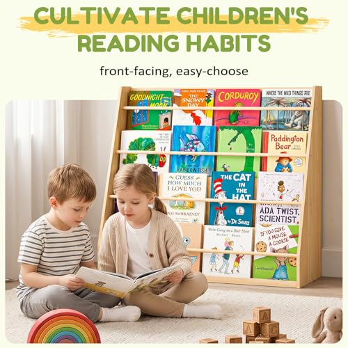 Kids Wooden Bookshelf 4-Tier Montessori Display - Child-Safe Natural Pine