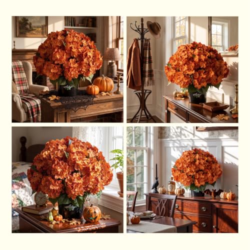 Artificial Hydrangea Flowers 22 Inch Tall with Pot for Outdoor Garden Decor - Orange, 2 Pack