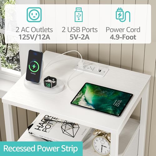 White Nightstand with Charging Station, LED Lights & Fabric Drawers