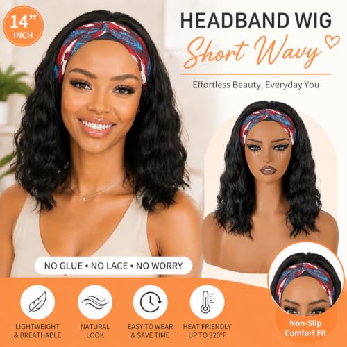 Black Short Wavy Headband Wig for Women 14 Inch Synthetic Tangle-Free Natural Look - Variation: Black Wavy 14 Inch
