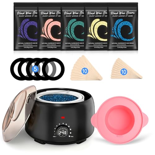 Waxing Kit for Women and Men, Digital Wax Warmer with 14OZ 5 Bags Hard Wax Beads, at Home Wax kit for Full Body, Face, Eyebrows, Bikini, Legs, Brazilian & Sensitive Skin