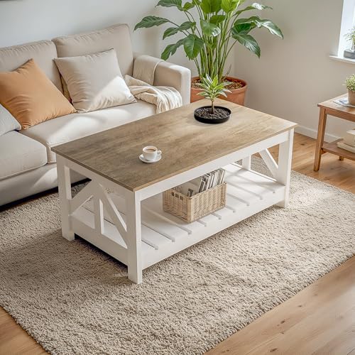 YESHOMY Farmhouse Coffee Table with Storage - Gray & White Rectangular