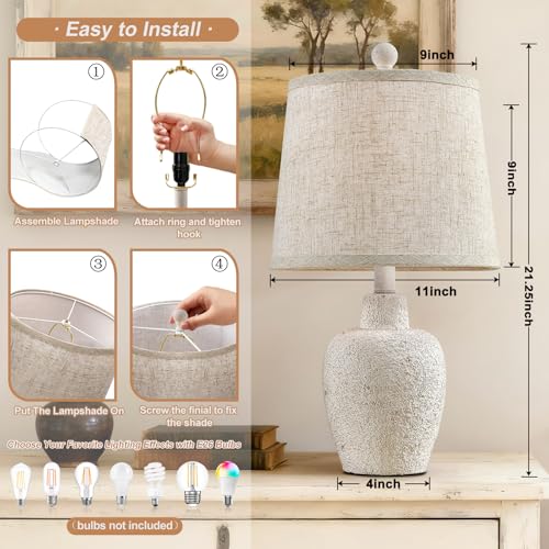 HUITICO White Farmhouse Set of 2 Jar-Shaped Bedside Table Lamps 21" for Bedroom & Living Room
