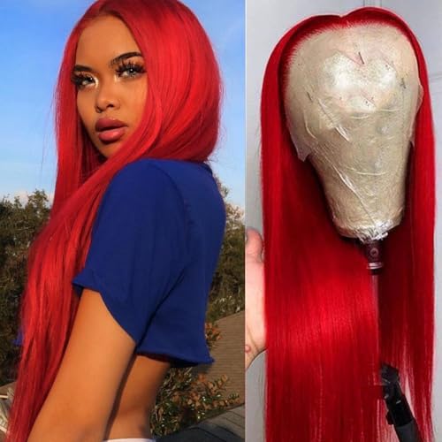 Missyvan Red Lace Front Wig 32 Inch Long Straight Synthetic Hair for Women