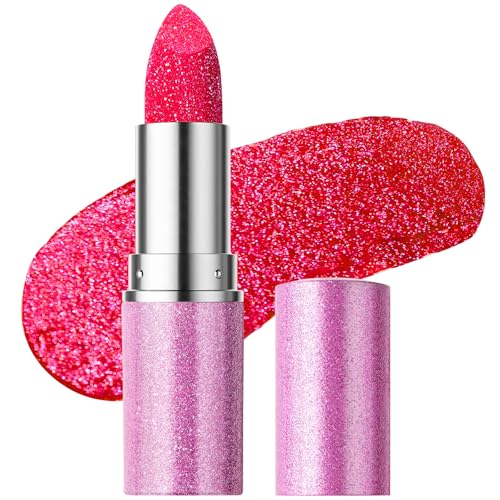 Erinde Metallic Glitter Lipstick for Women, Long Lasting Sparkle Lipsticks, High Shine Diamond Creamy Lipstick Lipcolor Makeup, Hydrating Glimmer Finish, Sparkling Lip Gloss, 04 Hot Pink