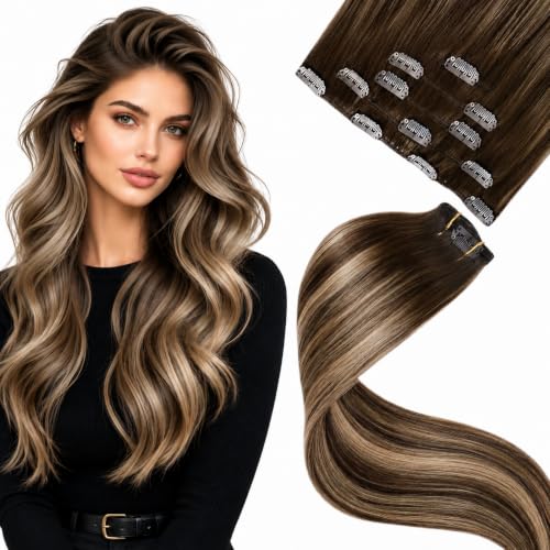 Clip-In Hair Extensions 12in Real Human Hair Balayage Light Chocolate Brown - 5 Pieces, 80g
