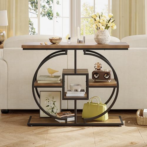 GiftGo Narrow Console Table for Entryway Brown 4-Tier Rustic Sofa Behind Couch