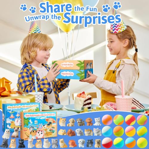Kids Bath Bombs with Surprise Puppy & Cat Toys - Safe Gift Set, 24 Pack