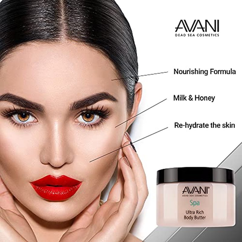 Avani Ultra Rich Body Butter - Dead Sea Salt, Aloe Vera, Vitamin E, Shea, Jojoba, Sunflower, Olive Essential Oil - Natural Butter for All Skin Types - Milk/Honey Fragrance
