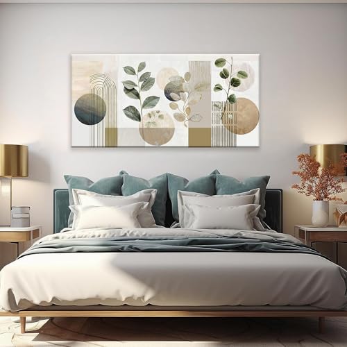 Green and White Boho Wall Art Canvas Set 24x48 Inches Mid Century Geometric