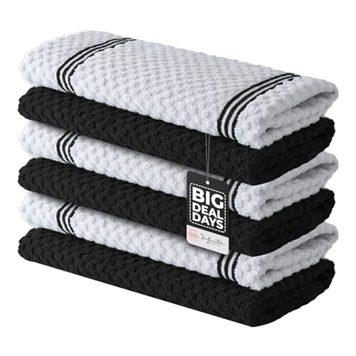 Infinitee Xclusives Premium Black Kitchen Towels ? Pack of 6, 100% Cotton 15 x 25 Inches Absorbent Dish Towels + Grey Washcloths Set ? Pack of 12, 13x13 Inches 100% Cotton Wash Cloths
