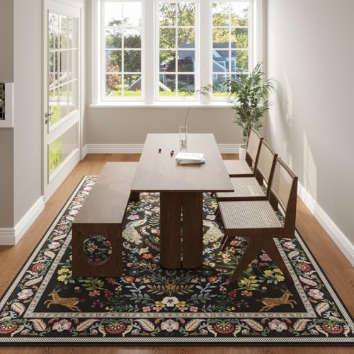 Rugcomf 6' x 9' Floral Area Rug – Washable, Non-Slip Backing, Vibrant Black