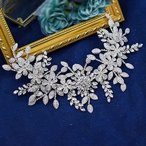 Bridal Headpiece Rhinestone Wedding Headband Vintage Silver Floral Design
