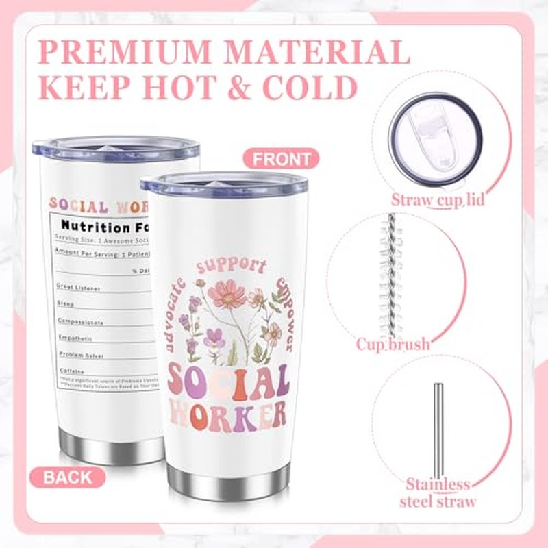 7 Pcs Social Worker Gifts Set for Women Include Canvas Bag Cosmetic Bag 20 oz Thermos Cup Keychain Badge Holder Notebook Pen for Volunteers School Social Worker Gift