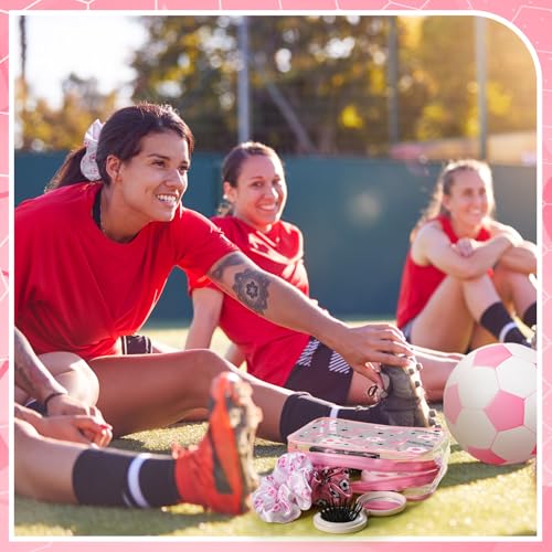 Pink Soccer Gift Set for Women Includes Makeup Bags, Hair Scrunchies & Brushes – Soccer Theme Party Favors (Pink / Soccer)