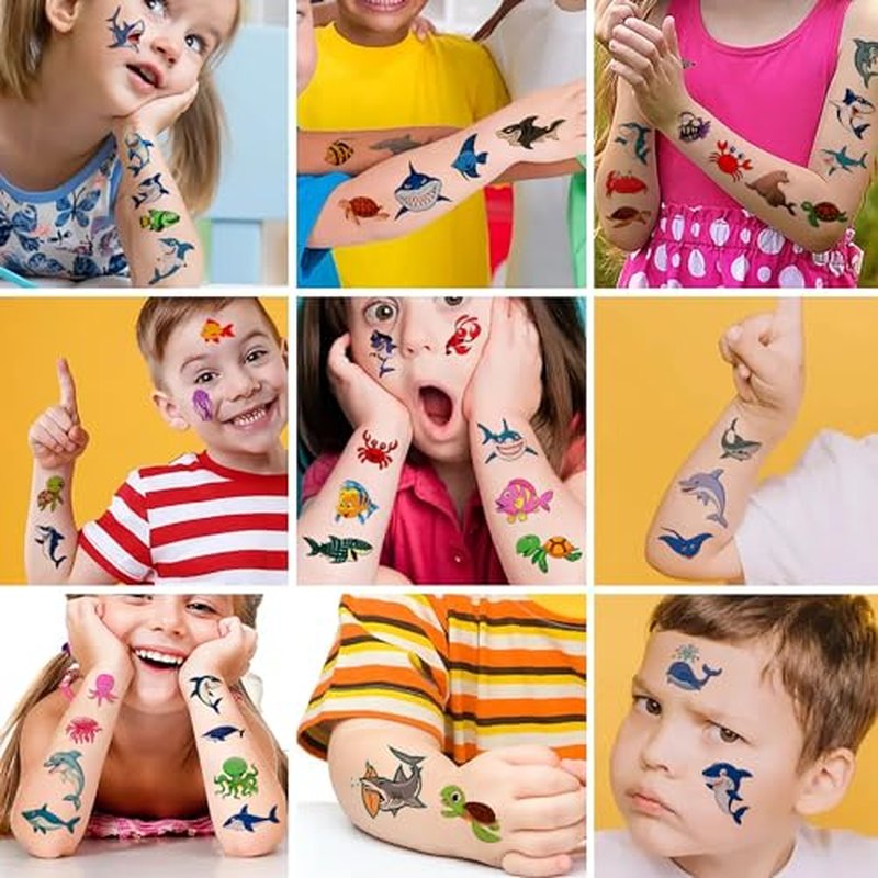 12 Sheets Ocean Animals Temporary Tattoos, Under the Sea Birthday Party Supplies Decorations Shark Dolphin Crab Fish Turtle Party Favors Sea Animal Goodie Bag Fillers School Classroom Reward Gifts