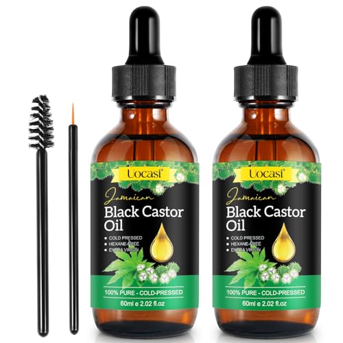 Uocasi Jamaican Black Castor Oil - 2Pack, 100% Pure and Organic, Cold Pressed in Glass Bottles for Hair Growth, Eyebrow Nourishment, and Skin Hydration, 4.04 Oz