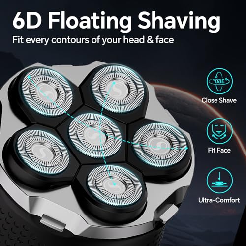 Black 6D Floating Head Rotary Shaver for Men Bald Head Wet Dry Rechargeable with USB-C
