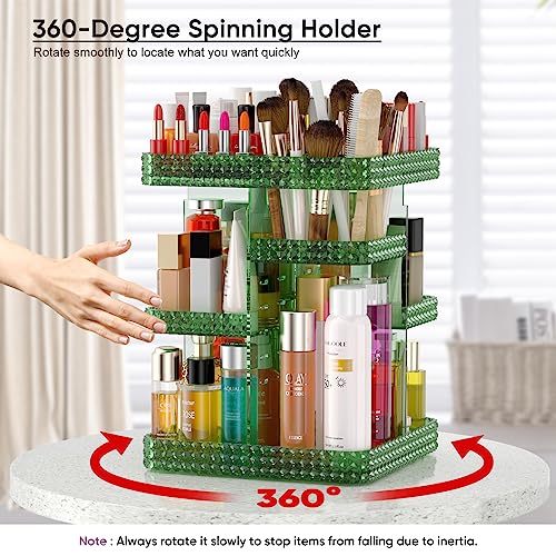 Famitree Green 360° Rotating Makeup Organizer with Adjustable Layers - Large Capacity Acrylic Storage Rack for Vanity and Bathroom