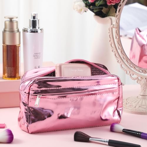 Pink Insulated Makeup Bag for Car Cosmetic Bag for Women Girls Metallic PU Portable Zippered Makeup Pouch Travel Organizer Shields Cosmetics from Freezing Melting Party Gifts, 7.9''x4.7''
