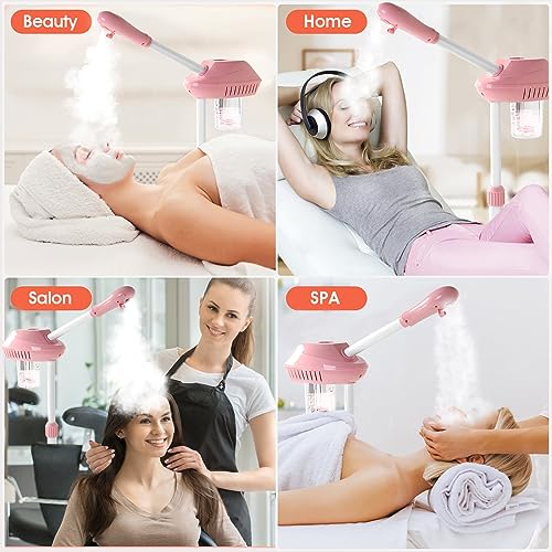 Face Steamer on Wheel Professional Ozone Face Steamer for Deep Facial Cleansing Pink