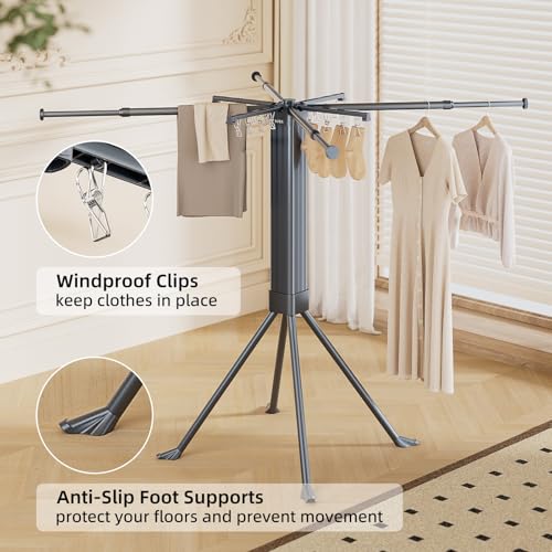 Gray Foldable Clothes Drying Rack with 16 Clips, Space-Saving Laundry Organizer
