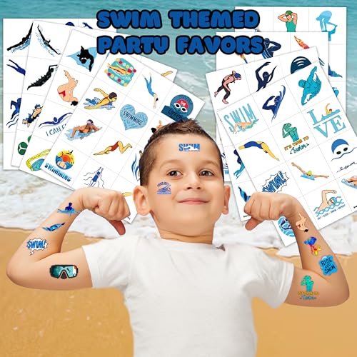 96 PCS Swimming Pre-Cut Temporary Tattoos Birthday Party Decorations Supplies Favors Swim Team Pool Waves Summer Beach Themed Decor Stickers Boys Girls Gift School Prizes Rewards