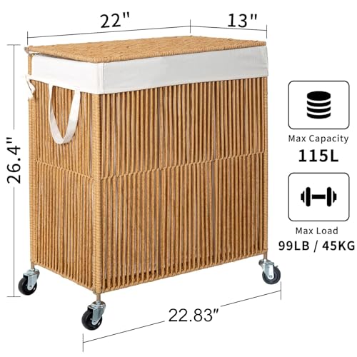 115L Rolling Laundry Basket with Wheels and Lid - Handwoven Double Compartment Hamper
