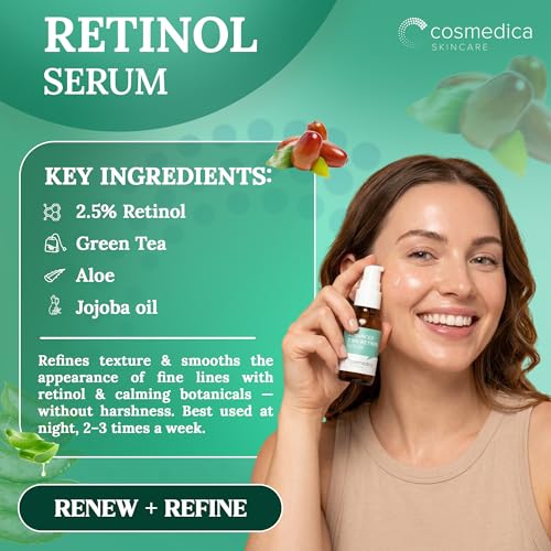 Cosmedica Skincare Face Serum Set – Vitamin C, 2.5% Retinol & Hyaluronic Acid, 3 x 1 oz, Anti-Aging, Brightening, Hydrating