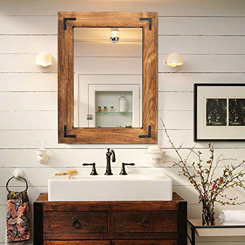 Rustic Wooden Wall Mirror - 32x24 Inch Farmhouse Bathroom Vanity Mirror - Brown - Vertical or Horizontal Hanging