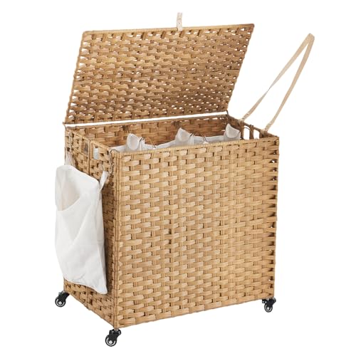 Large 39.6 Gallon Laundry Hamper with Wheels & Lid - 3-Section Rattan Basket with Removable Liners, Mesh Bags, Side Pocket - Natural, 150L