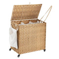 Large 39.6 Gallon Laundry Hamper with Wheels & Lid - 3-Section Rattan Basket with Removable Liners, Mesh Bags, Side Pocket - Natural, 150L