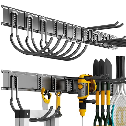 Garage Tool Organizer Wall Mount - 64 Inch Heavy Duty Steel Storage System with 10 Adjustable Hooks - Black