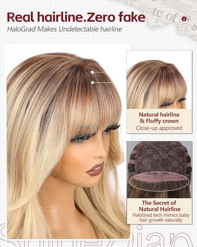 Honey Cream Blonde Wig with Bangs - 22 Inch Layered Voluminous High Crown Style - Realistic Scalp for Women, Versatile & Easy to Wear