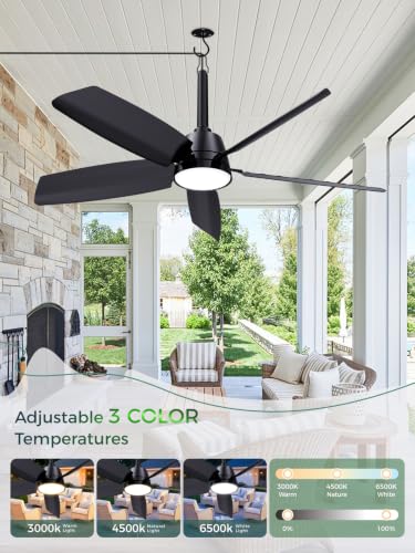 Outdoor Ceiling Fan with Light & Remote - 36 Inch, Black, IP65 Waterproof